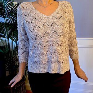White House Black Market V-Neck Pointelle Marled 3/4 Sleeve Open Knit Sweater